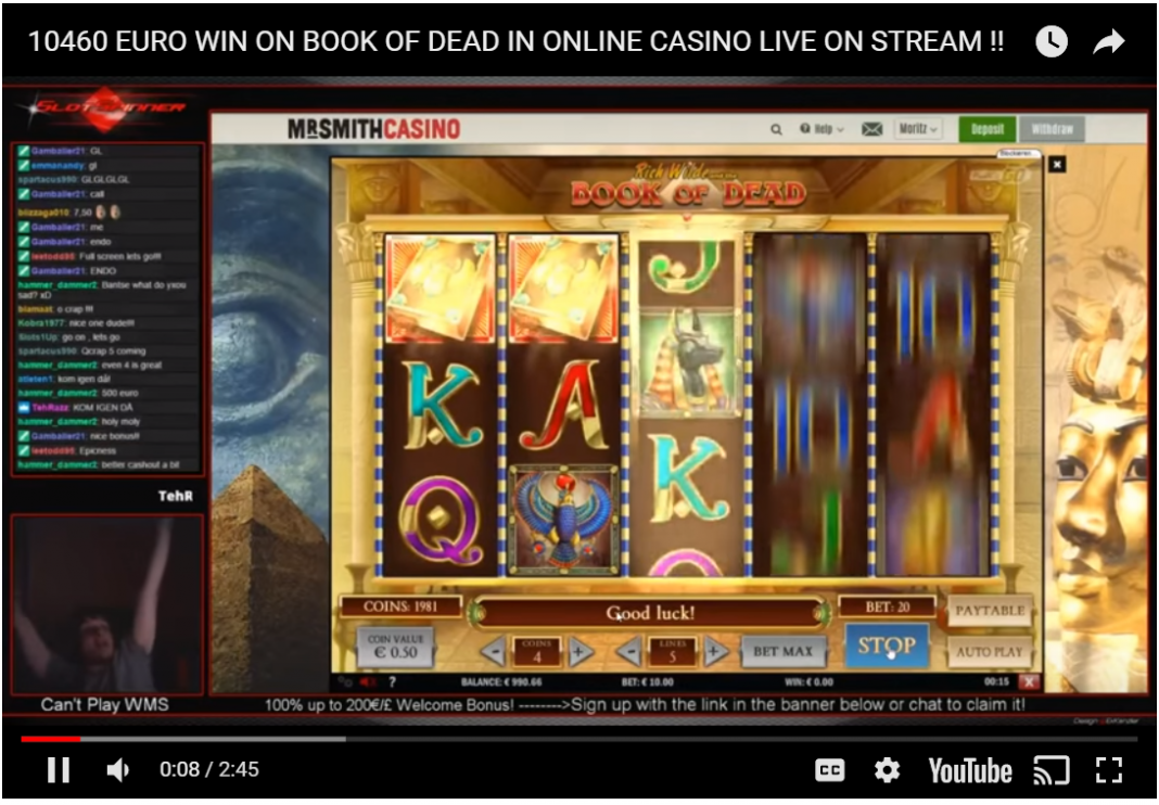 10460 Euro win on Book of Dead in online casino live on stream