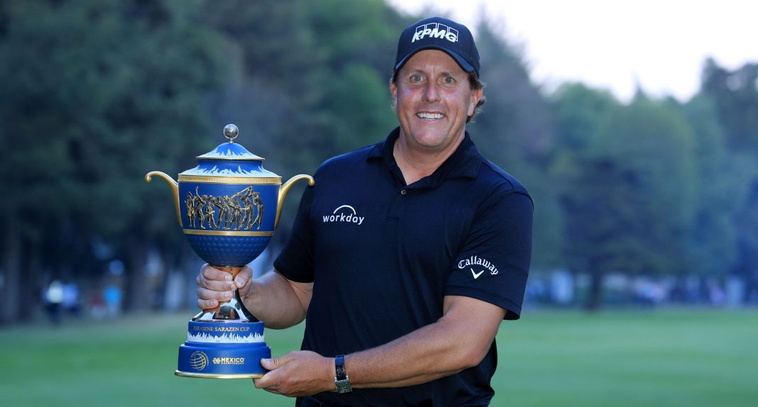 MEXICO CITY, MEXICO - MARCH 04: Phil Mickelson of the United States holds the Gene Sarazen Trophy after his play-off win during the final round of the World Golf Championships-Mexico Championship at the Club de Golf Chapultepec on March 4, 2018 in Mexico City, Mexico. (Photo by David Cannon/Getty Images)