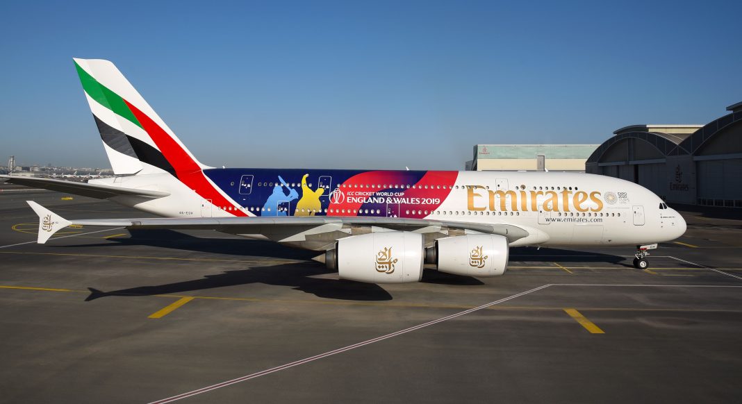 ICC Men’s Cricket World Cup 2019 decal on the Emirates A380.