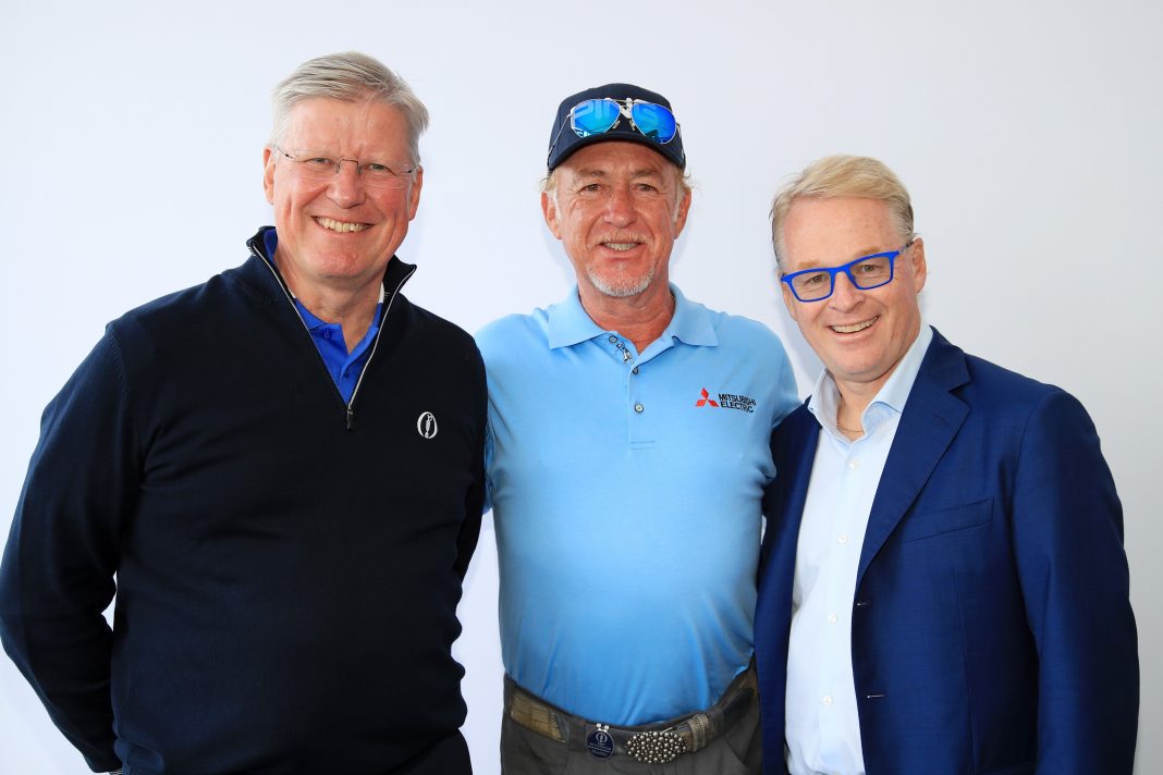 The Chief Executive of the R&A, Martin Slumbers, Miguel Ángel Jiménez, and the Chief Executive of the European Tour, Keith Pelley (credit © Getty Images)