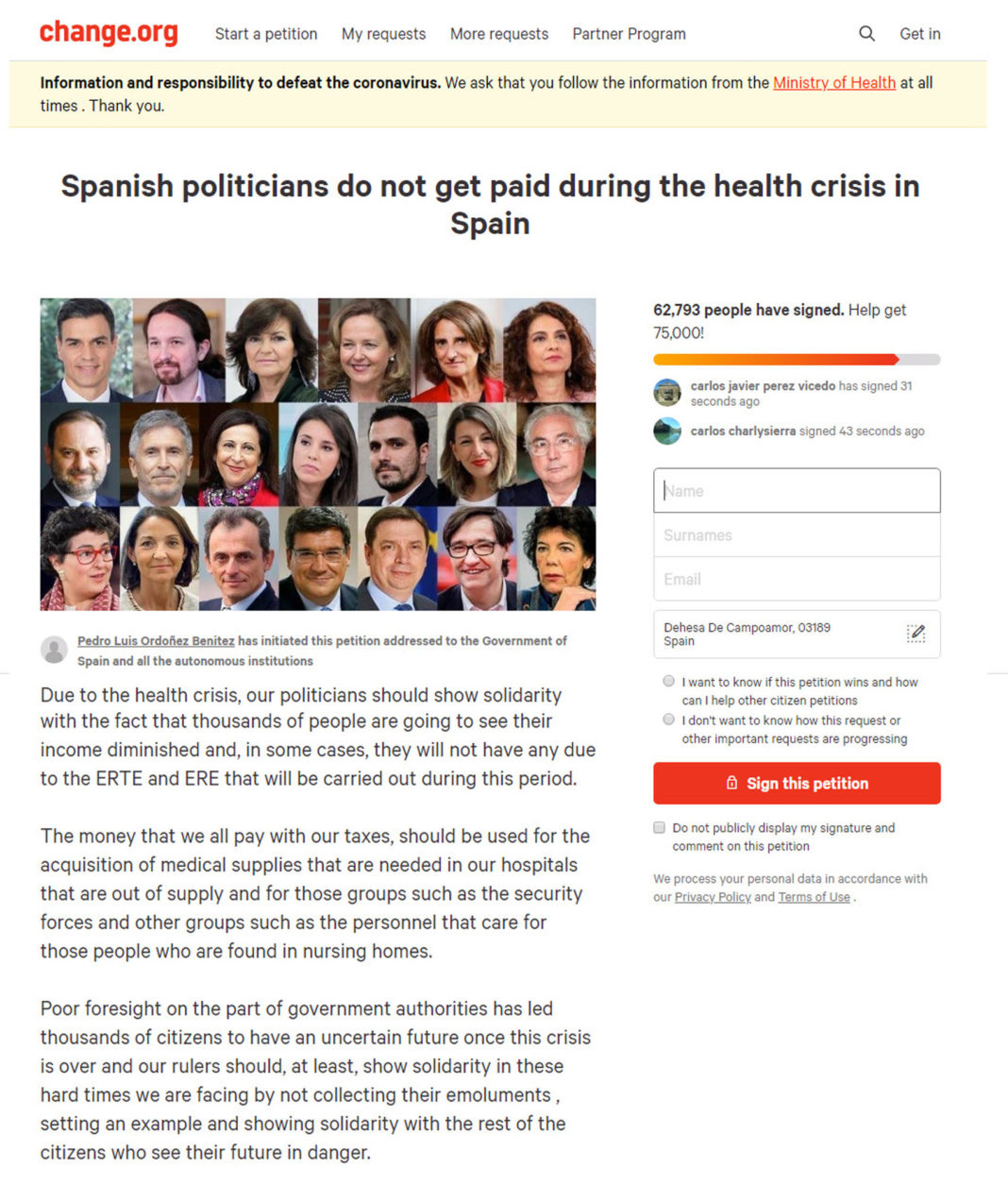 Petition demands that Spain Politicians relinquish salaries during crisis