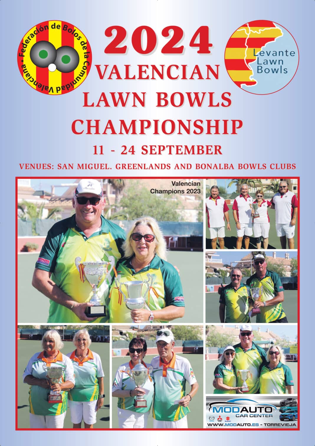 Welcome to the 15th Valencian Lawn Bowls Championship, which will be played at Bonalba, Greenlands, Quesada and San Miguel Bowls Clubs.